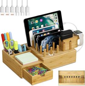 img 4 attached to 🔌 Bamboo Charging Station Organizer with 7 USB Ports - Darfoo Wood Dock Compatible with iPhone, AirPods Pro, iWatch, and Tablet