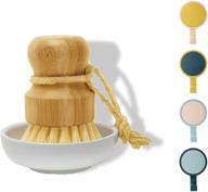 🧽 multipurpose bamboo dish scrub set with ceramic soap dispenser - ideal for cleaning pans, vegetables, and bathrooms logo