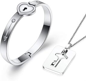 img 4 attached to 💑 His and Hers Love Heart Key Lock Bangle Bracelet with Tag Pendant Necklace Set in a Gift Box