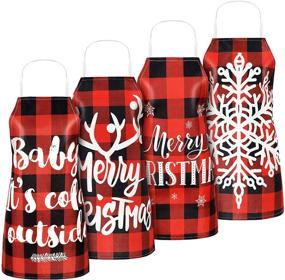 img 4 attached to 🎄 4-х часть Рождество клетчатый фартуки: Регулируемый Рождественский фартук с Оленями и Снежинками, а также с поздравительной надписью "Merry Christmas" и клетчатый фартук для кухни (Стиль 3)