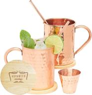 premium moscow mule copper mugs set: 100% authentic, tarnish-resistant, 16oz, with coasters, straws, and shot glass logo