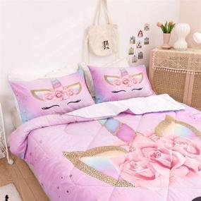 img 2 attached to 🦄 ADASMILE Unicorn Bedding Set – 3 Piece Flower Girl Comforter, Twin Size (68"x 86") – Cartoon Pink Unicorn Bed Set – Cute Unicorn Comforter Sets for Kids and Girls with 2 Pillowcases