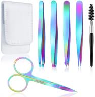 💫 ultimate 6-piece rainbow eyebrow tweezers set: curved scissors, brush & stainless steel tools in storage case - perfect beauty arsenal for women and girls! logo