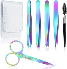 img 4 attached to 💫 Ultimate 6-Piece Rainbow Eyebrow Tweezers Set: Curved Scissors, Brush & Stainless Steel Tools in Storage Case - Perfect Beauty Arsenal for Women and Girls!