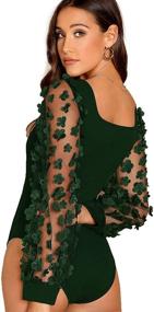 img 3 attached to 🌸 Romwe Women's Square Neck Floral Applique Mesh Sleeve Bodysuit Jumpsuit - An Elegant Choice