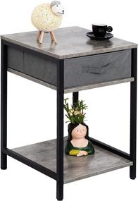 img 4 attached to 🌙 LESHUFAM Stone Grey Nightstand: Stylish Bedside Table with Drawer and Storage Shelves for Bedroom and Living Room, Gray/Black