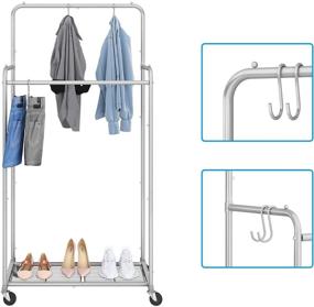 img 1 attached to Efficient and Durable Double Rod Clothes Garment Rack with Rolling Wheels and 4 Hooks - Simplify Your Clothing Organization!