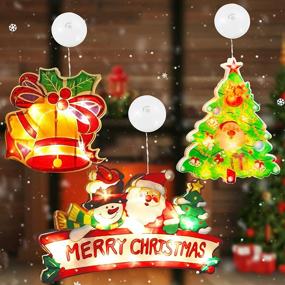 img 4 attached to WAYCOM 3-Piece Christmas Window Light Decorations Set with Suction Cup, Hanging Santa Claus Bell and Christmas Tree Lights, Window Curtain String Lights for Festive Décor