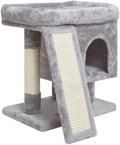 img 4 attached to SYANDLVY Small Cat Tree: Modern Activity Tower with Padded Perch, Kittens Condo, Scratching Post, and Board - Cat Cave Included