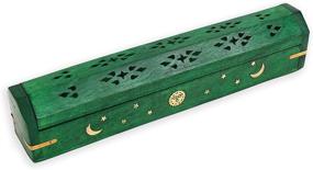 img 3 attached to 🪔 Coffin Style Incense Stick Holder with Sun Moon Star Handmade Brass Inlays - 2 Pack (Green Wood)