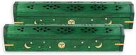 🪔 coffin style incense stick holder with sun moon star handmade brass inlays - 2 pack (green wood) логотип