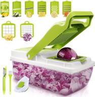 🥕 12-in-1 multifunctional veggie chopper onion cutter with mandoline slicer, container, and 6 stainless steel blades - includes citrus reamer, peeler, and brush logo