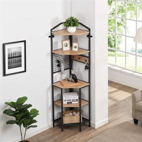 img 3 attached to 📚 HOMYSHOPY Industrial Corner Shelves: 5-Tier Bookcase with Hooks for Stylish Home Office Organization and Storage (Oak Finish, 72.6 inch)