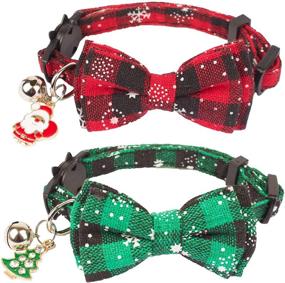 img 4 attached to 🐈 2 Pack Christmas Cat Collar Breakaway with Cute Bow Tie Bell - Kitten Collar Red Green Plaid Pattern Xmas Kitten Collar with Removable Bowtie - Cat Bowtie Collar for Kitten Cat - Red & Green-1