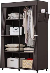 img 4 attached to YIZAIJIA 34 Inch Portable Wardrobe Closet: Metal-Shelved Clothes Organizer with Dustproof Non-Woven Fabric (Coffee)