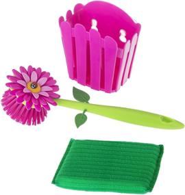 img 1 attached to Vigar Flower Power Kitchen Sink Caddy Set: Daisy Dish Brush, Sponge, and Fence Holder with Suction Cup, Pink - Space-saving and Stylish