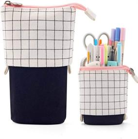 img 4 attached to AMHNXBKJ Telescopic Pencil Case Stand Up Pen Bag Grid Pencil Holder Canvas Stationery Pouch Cosmetic Bags With 7
