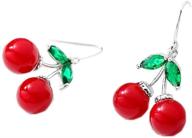 🍒 cute sweety fruit red cherry balls green crystal shining leaf drop earring silver plated women girls dangle tassel earrings logo