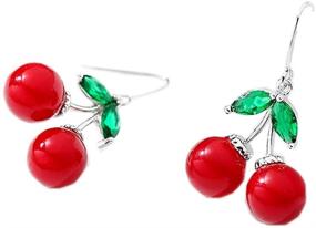 img 2 attached to 🍒 Cute Sweety Fruit Red Cherry Balls Green Crystal Shining Leaf Drop Earring Silver Plated Women Girls Dangle Tassel Earrings