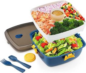 img 4 attached to Blue Salad Lunch Container to Go - 40-oz Salad Bowl with Bento Style Tray, 5-Compartments, Leak-Proof & BPA-Free Lunch Box with Reusable Fork, Spoon, and Sauce Container for Food Snack