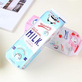 img 2 attached to 🖍️ 2-Pack Cute Leather Pencil Case Box Pen Holder Organizer Stationery Cosmetic Bag with Zipper (Milk Blue and Pink) (Pink Blue Milk 2)