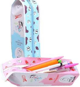 img 1 attached to 🖍️ 2-Pack Cute Leather Pencil Case Box Pen Holder Organizer Stationery Cosmetic Bag with Zipper (Milk Blue and Pink) (Pink Blue Milk 2)