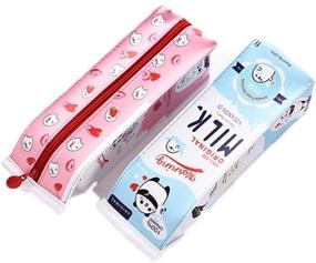 img 3 attached to 🖍️ 2-Pack Cute Leather Pencil Case Box Pen Holder Organizer Stationery Cosmetic Bag with Zipper (Milk Blue and Pink) (Pink Blue Milk 2)