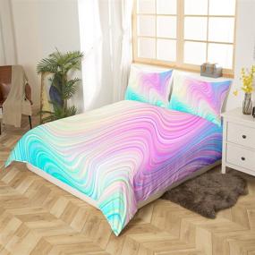 img 3 attached to 🌈 Twin Girls' Duvet Cover - Trendy Comforter Set for Kids Room Decor, Pastel Rainbow Stripes Marble Design in Bright Girly Turquoise, Blue, Pink, and Purple - Perfect Bedding for Women and Teens, Includes Tie-Dye Pillow Sham