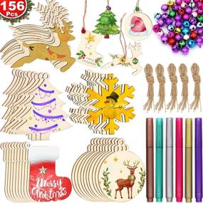 img 4 attached to ZALALOVA 156Pcs Unfinished Christmas Wooden Ornaments: MSDS Approved Crafts Kit with 5 Styles, 33.6 Ft Jute Twine, 50 Colorful Bells, and 6 Color Pens