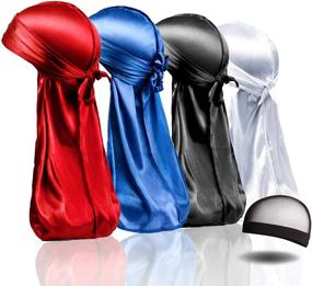 img 4 attached to 🧢 Ultimate Silk Durag Set: 4PCS Silky Durags для мужчин и женщин с кепкой для волн, экстра длинными хвостами, идеально подходит для волн