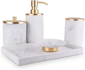 img 4 attached to 🛁 Bathroom Soap Dispenser Set with Marble and Gold Accents - 5 Piece Toothbrush Holder and Accessories Set for Farmhouse Decor