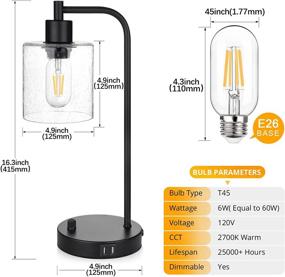 img 2 attached to Vintage Industrial Table Lamp with USB Ports & Stepless Dimming, Seeded Glass Shade for Bedside Reading, 6W LED Bulb Included