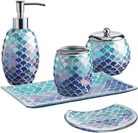 img 4 attached to 🚿 5-Piece Mosaic Glass Bathroom Accessories Set by WHOLE HOUSEWARES - Soap Dispenser, Tray, Soap Dish in Blue