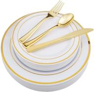 🍽️ premium heavyweight gold plastic silverware and disposable plates set - includes 25 dinner plates, 25 salad plates, 25 forks, 25 knives, 25 spoons (gold) logo