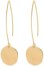 img 4 attached to Geometric Brushed Gold Circle Dangle Earrings - Shiny Hammered Discs, Small Drops, Long Hoops - Everyday Jewelry for Women and Girls