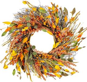 img 4 attached to Enhance Your Autumn Decor with the WANNA-CUL 22 Inch Fall Wreath 🍂 for Front Door: Featuring Hawthorn, Small Pumpkin, Lantern Fruit, Berries, and Eucalyptus Leaves