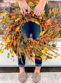 img 3 attached to Enhance Your Autumn Decor with the WANNA-CUL 22 Inch Fall Wreath 🍂 for Front Door: Featuring Hawthorn, Small Pumpkin, Lantern Fruit, Berries, and Eucalyptus Leaves