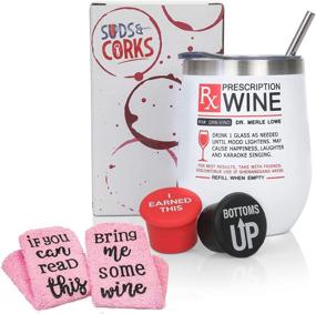 img 4 attached to Wine Lover's Gift Basket Set for Women - Perfect Birthday or Christmas Gifts, Best Friend, Secret Santa, Boss Day, Includes Funny Insulated Wine Glass, Cozy Socks, Stoppers