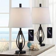 🌃 2-pack modern farmhouse table lamp sets with usb ports, industrial nightlight open column bedside lamps for bedroom living room, white fabric shade, plug-in, black логотип