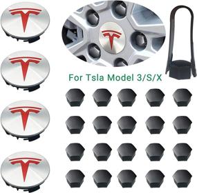 img 4 attached to 🔴 Enhance Your Tesla Model 3, S&X: Round Wheel Center Hub Caps Kit with 4 Hub Center Caps + 20 Lug Nut Covers (Silver & Red)