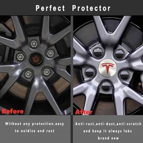 img 2 attached to 🔴 Enhance Your Tesla Model 3, S&X: Round Wheel Center Hub Caps Kit with 4 Hub Center Caps + 20 Lug Nut Covers (Silver & Red)