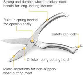 img 3 attached to Крепкие птицеобвалочные ножницы из нержавеющей стали: универсальные кухонные ножницы для костей, курицы, мяса, рыбы, морепродуктов, барбекю, овощей - премиум качество с пружинным механизмом, острым лезвием и защелкой безопасности.