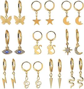 img 4 attached to 🦋 YEONMO 10 Pairs Small Gold/Silver Hoop Earrings Set with Dangle Charms for Women and Girls – Mini Huggie Butterfly and Star Hoop Earrings