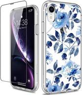 giika iphone xr case with screen protector - clear heavy duty protective case for girls and women, floral design, shockproof hard pc back case with slim tpu bumper cover - blue flowers logo