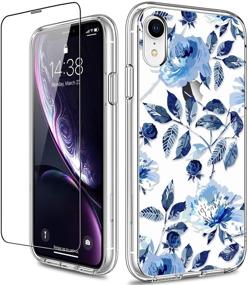 img 4 attached to GiiKa iPhone XR Case with Screen Protector - Clear Heavy Duty Protective Case for Girls and Women, Floral Design, Shockproof Hard PC Back Case with Slim TPU Bumper Cover - Blue Flowers