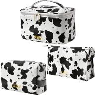 🐮 set of 3 mirason cosmetic bags for purse pouch, travel beauty zipper organizer bags - gifts for women, cow print pu leather washable & waterproof logo