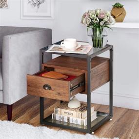 img 1 attached to 🌙 VECELO Modern Nightstand Set: Tempered Glass End Side Table with Drawer and Rustic Shelf - Walnut Brown - Ideal for Living Room, Bedroom, Lounge - Set of 2