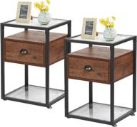 🌙 vecelo modern nightstand set: tempered glass end side table with drawer and rustic shelf - walnut brown - ideal for living room, bedroom, lounge - set of 2 logo