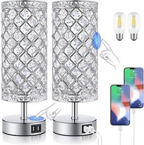 img 4 attached to 🛏️ Bedroom Crystal Table Lamps Set of 2 with Fast Dual USB Ports, Dimmable Touch Control, 5000K LED Bulbs Included - K9 Crystal Nightstand Lamps for Girls, Guest Room, Living Room, Decorative Lighting