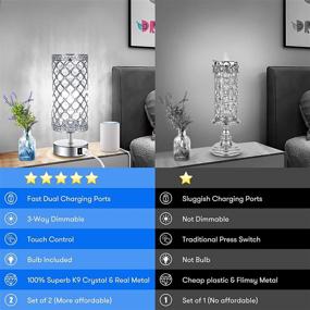 img 1 attached to 🛏️ Bedroom Crystal Table Lamps Set of 2 with Fast Dual USB Ports, Dimmable Touch Control, 5000K LED Bulbs Included - K9 Crystal Nightstand Lamps for Girls, Guest Room, Living Room, Decorative Lighting